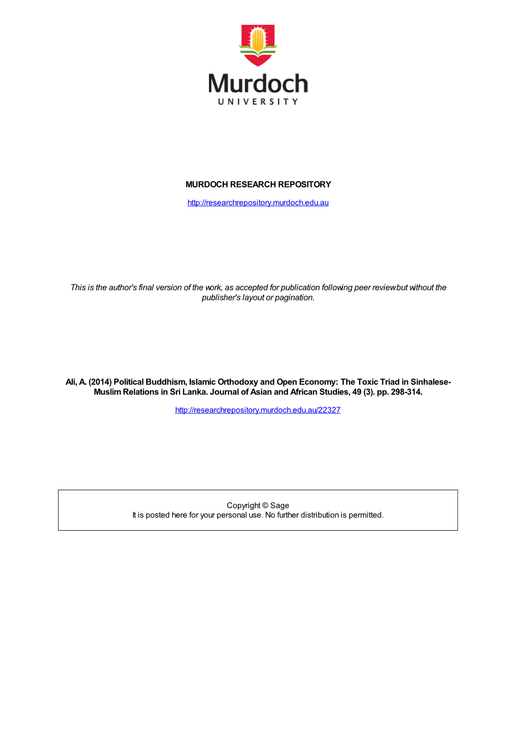 Political Buddhism, Islamic Orthodoxy and Open Economy: the Toxic Triad in Sinhalese- Muslim Relations in Sri Lanka