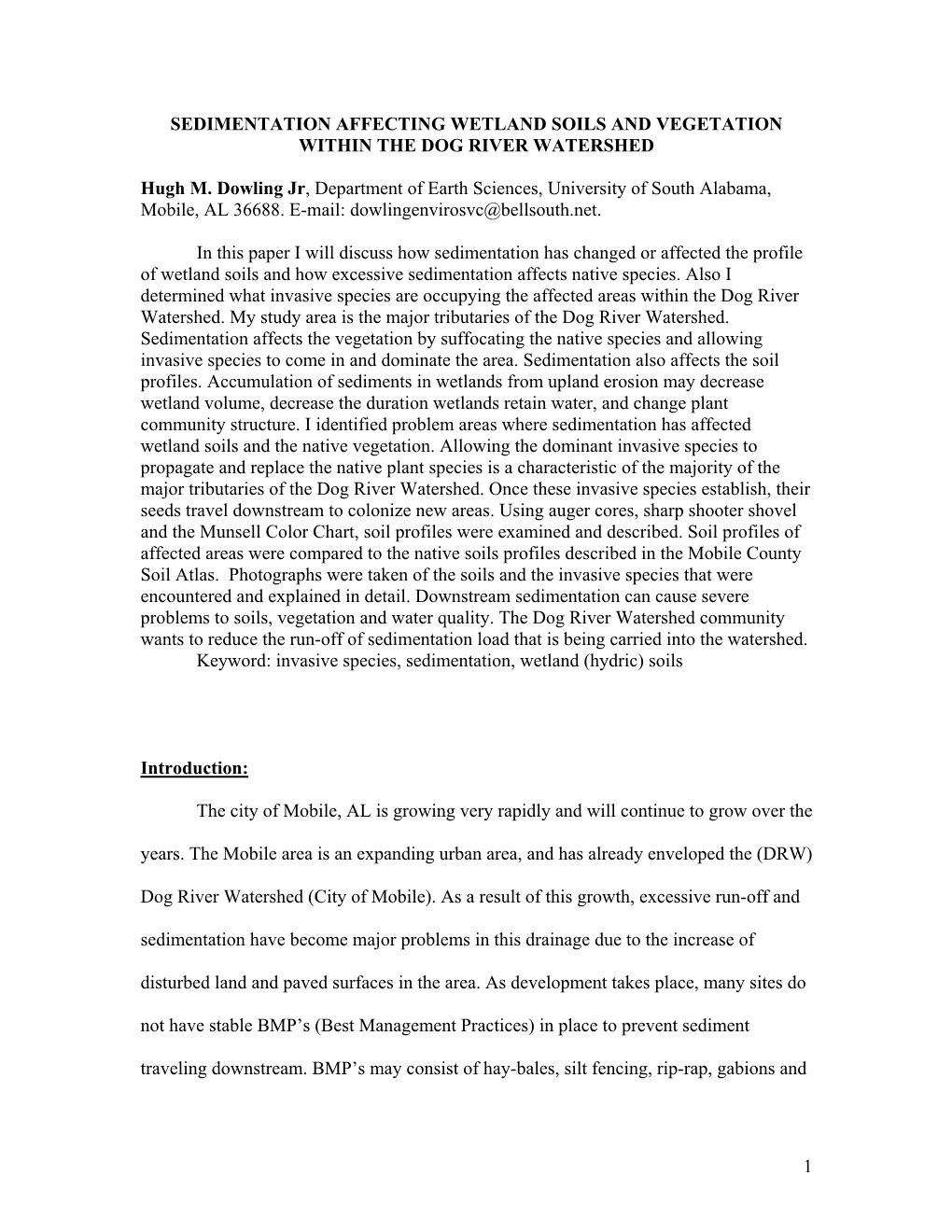 Sedimentation Affecting Wetland Soils and Vegetation Within the Dog River Watershed