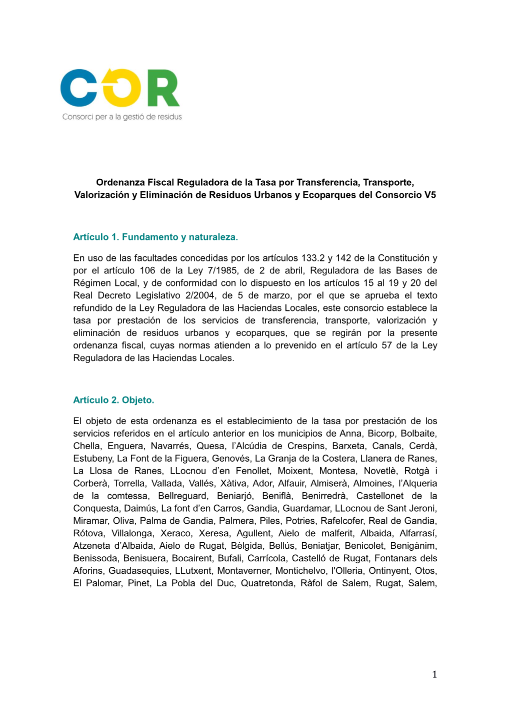 Ordenanza Fiscal Reguladora De La Tasa De Residuos 2018