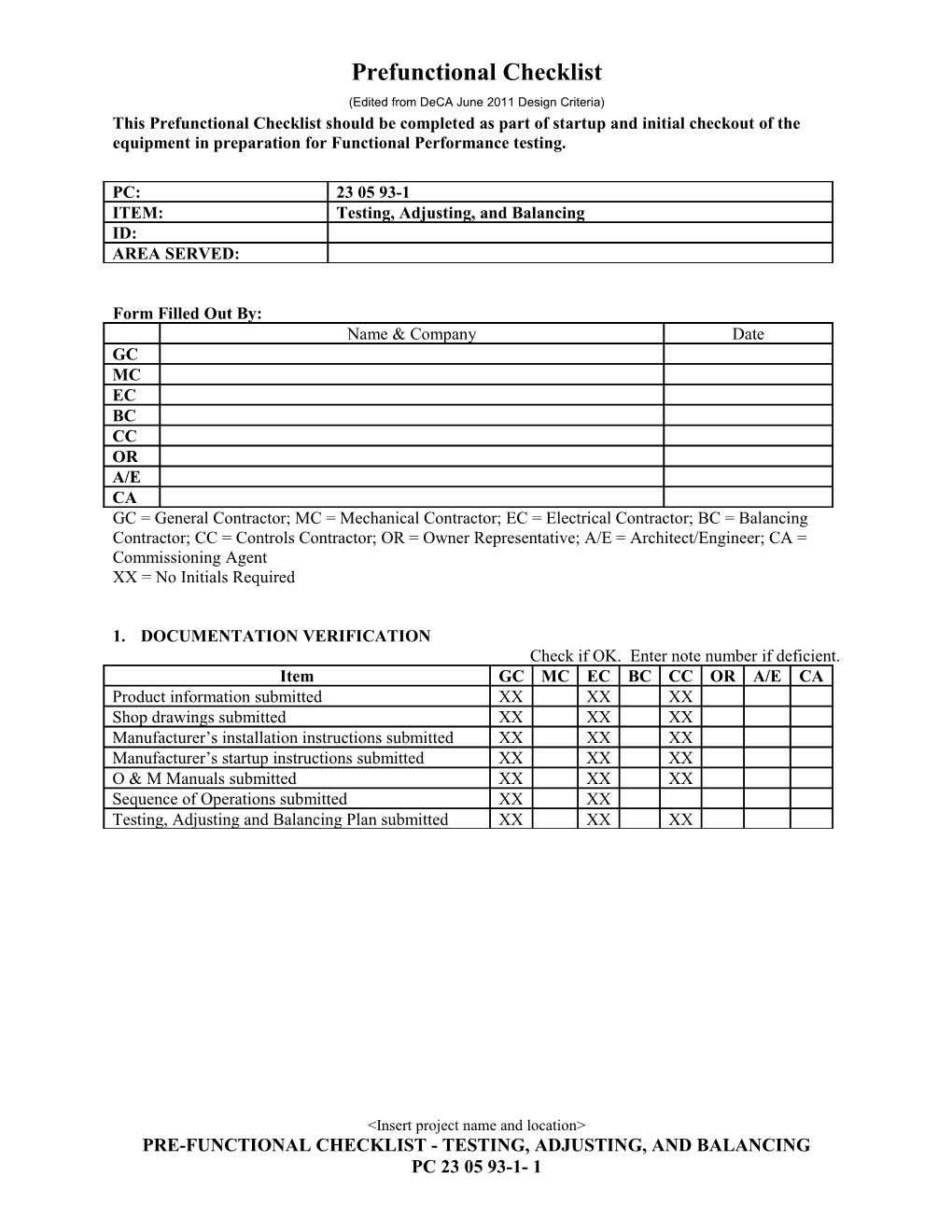 Prefunctional Checklist