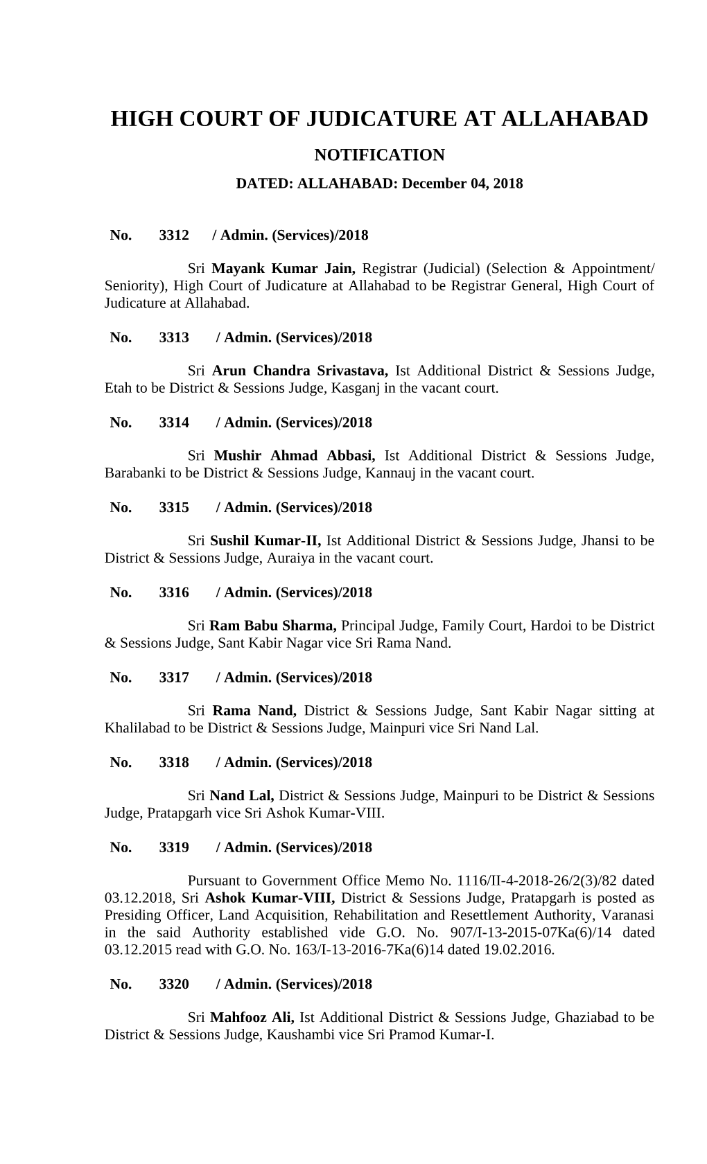 HIGH COURT of JUDICATURE at ALLAHABAD NOTIFICATION DATED: ALLAHABAD: December 04, 2018