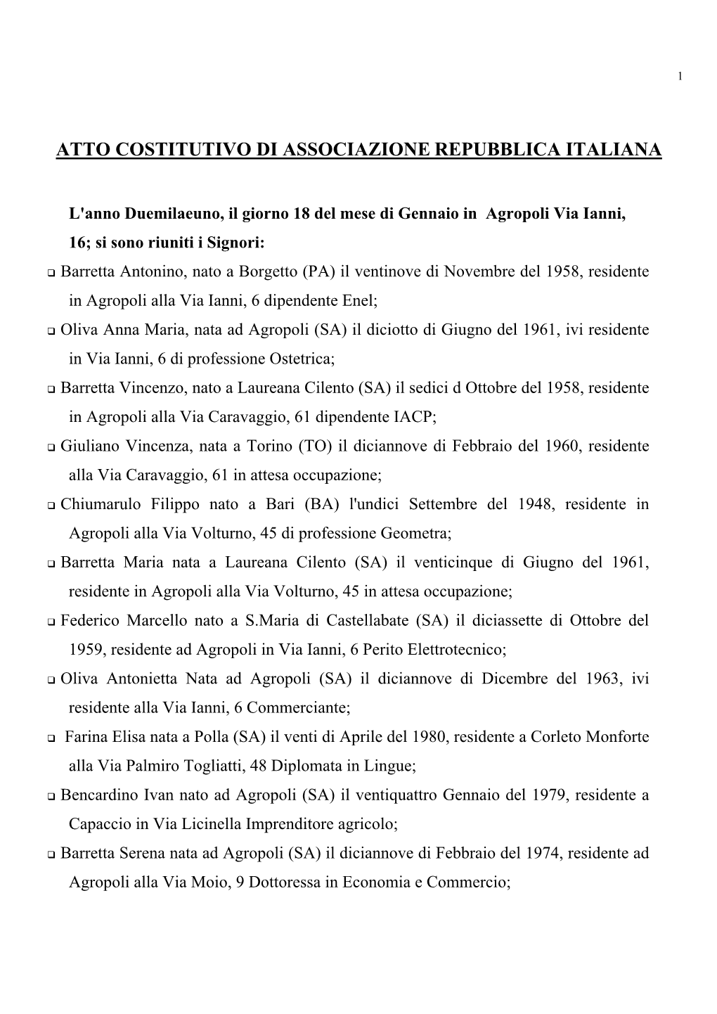 Atto Costitutivo Di Associazione Repubblica Italiana