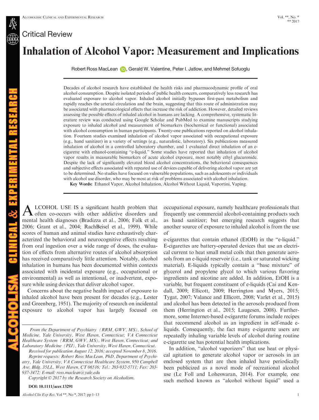 Inhalation of Alcohol Vapor: Measurement and Implications