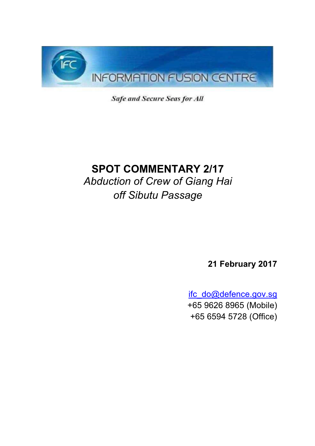 SPOT COMMENTARY 2/17 Abduction of Crew of Giang Hai Off Sibutu Passage