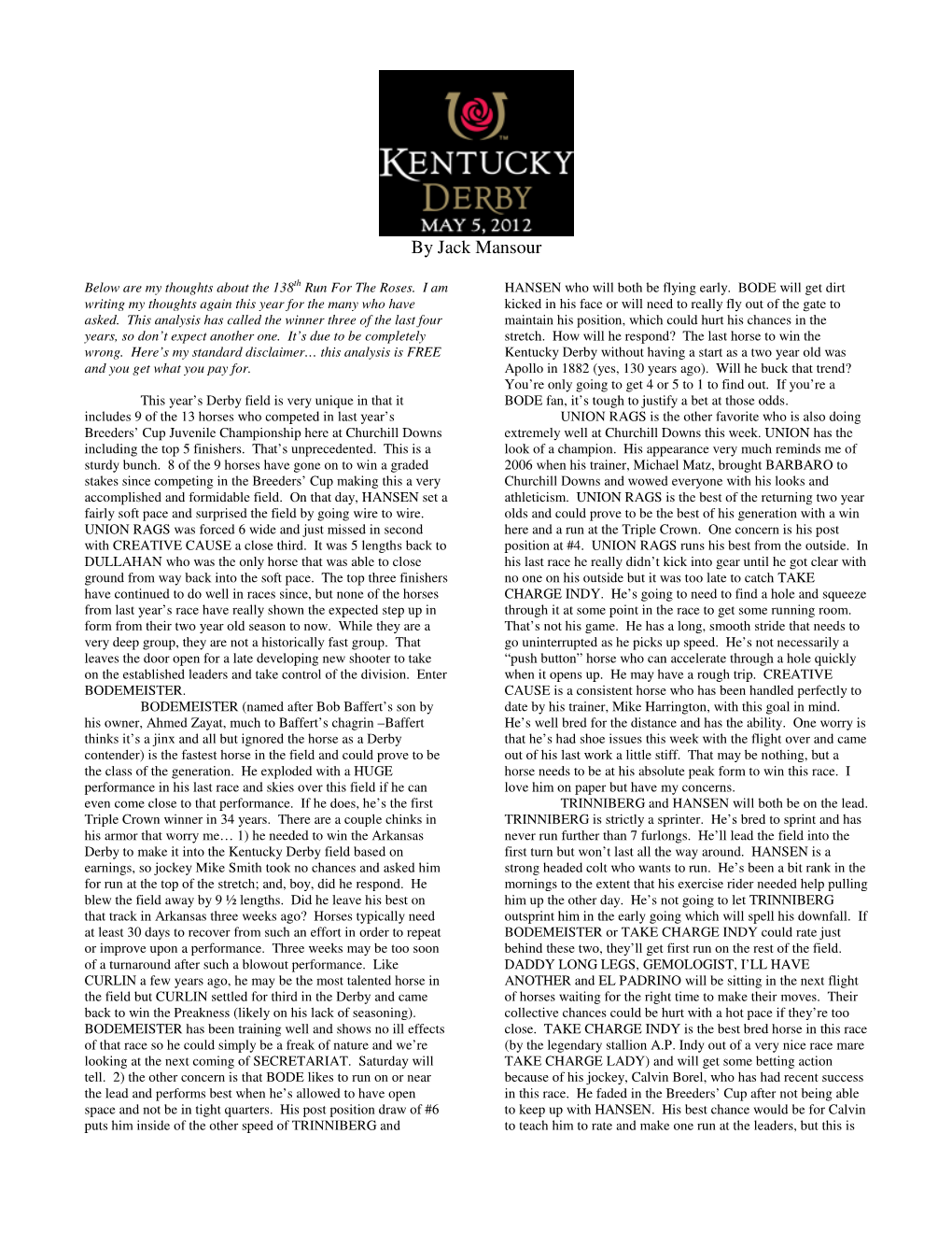 Jack Mansour's 2012 Kentucky Derby Overview