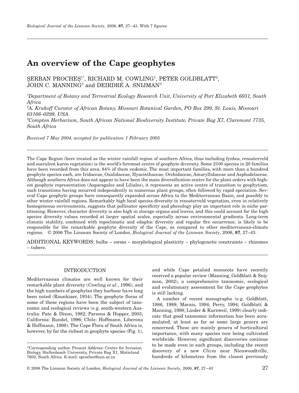 AN OVERVIEW of the CAPE GEOPHYTES S