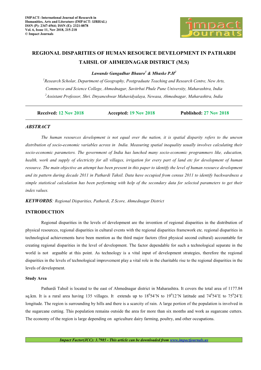 Regional Disparities of Human Resource Development in Pathardi Tahsil of Ahmednagar District M.S 1