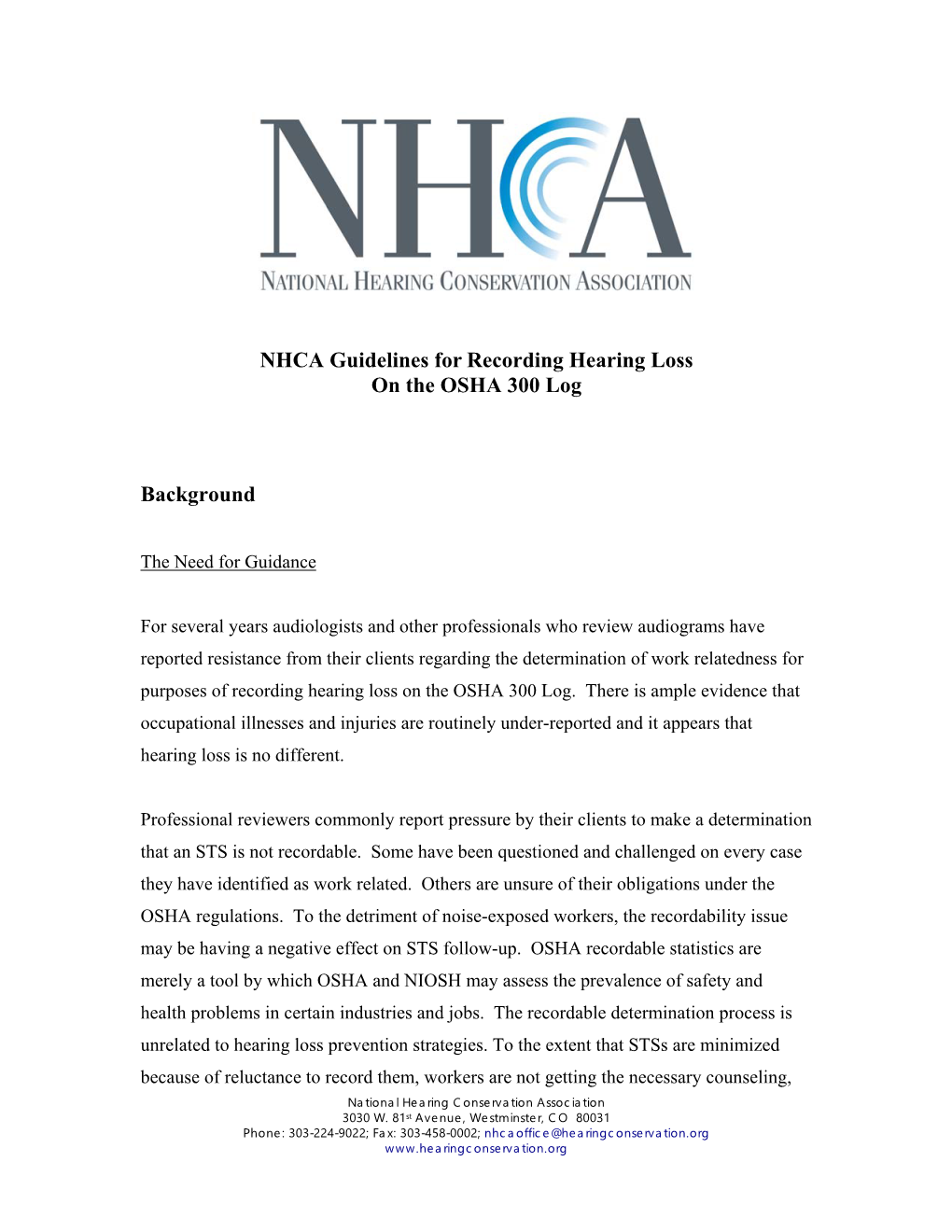 NHCA Guidelines for Recording Hearing Loss on the OSHA 300 Log