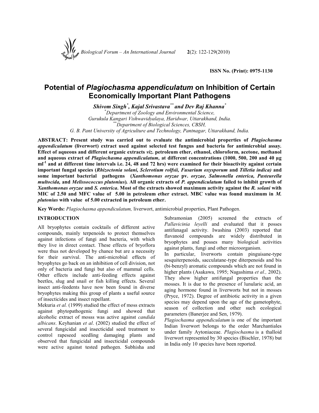 Potential of Plagiochasma Appendiculatum on Inhibition Of