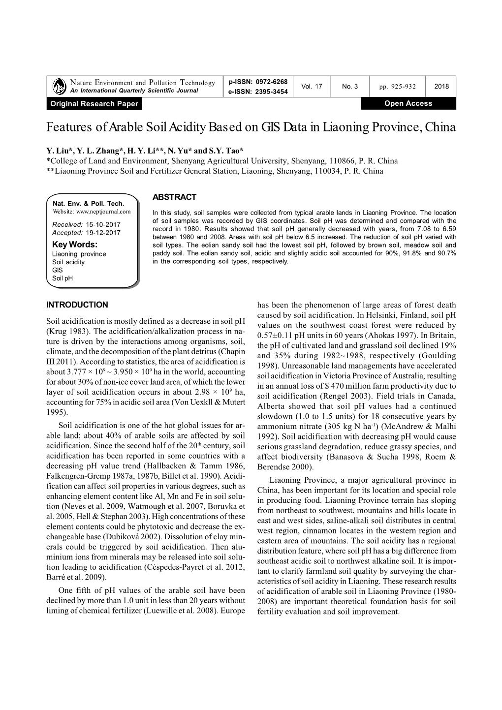 Features of Arable Soil Acidity Based on GIS Data in Liaoning Province, China