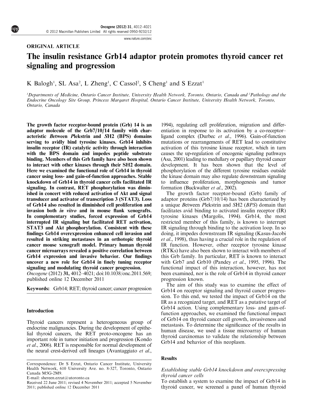 The Insulin Resistance Grb14 Adaptor Protein Promotes Thyroid Cancer Ret Signaling and Progression