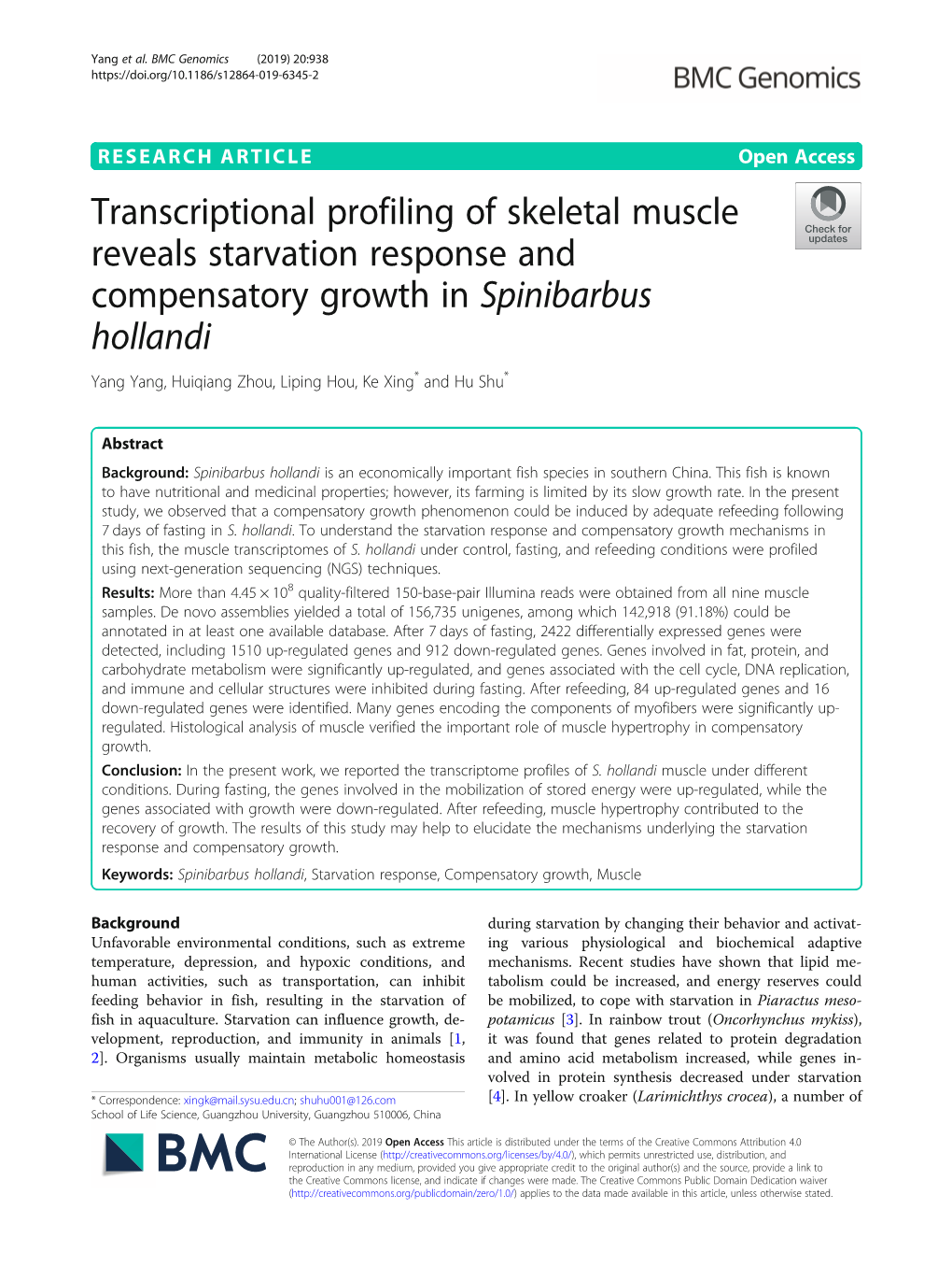 Transcriptional Profiling of Skeletal Muscle Reveals Starvation Response and Compensatory Growth in Spinibarbus Hollandi