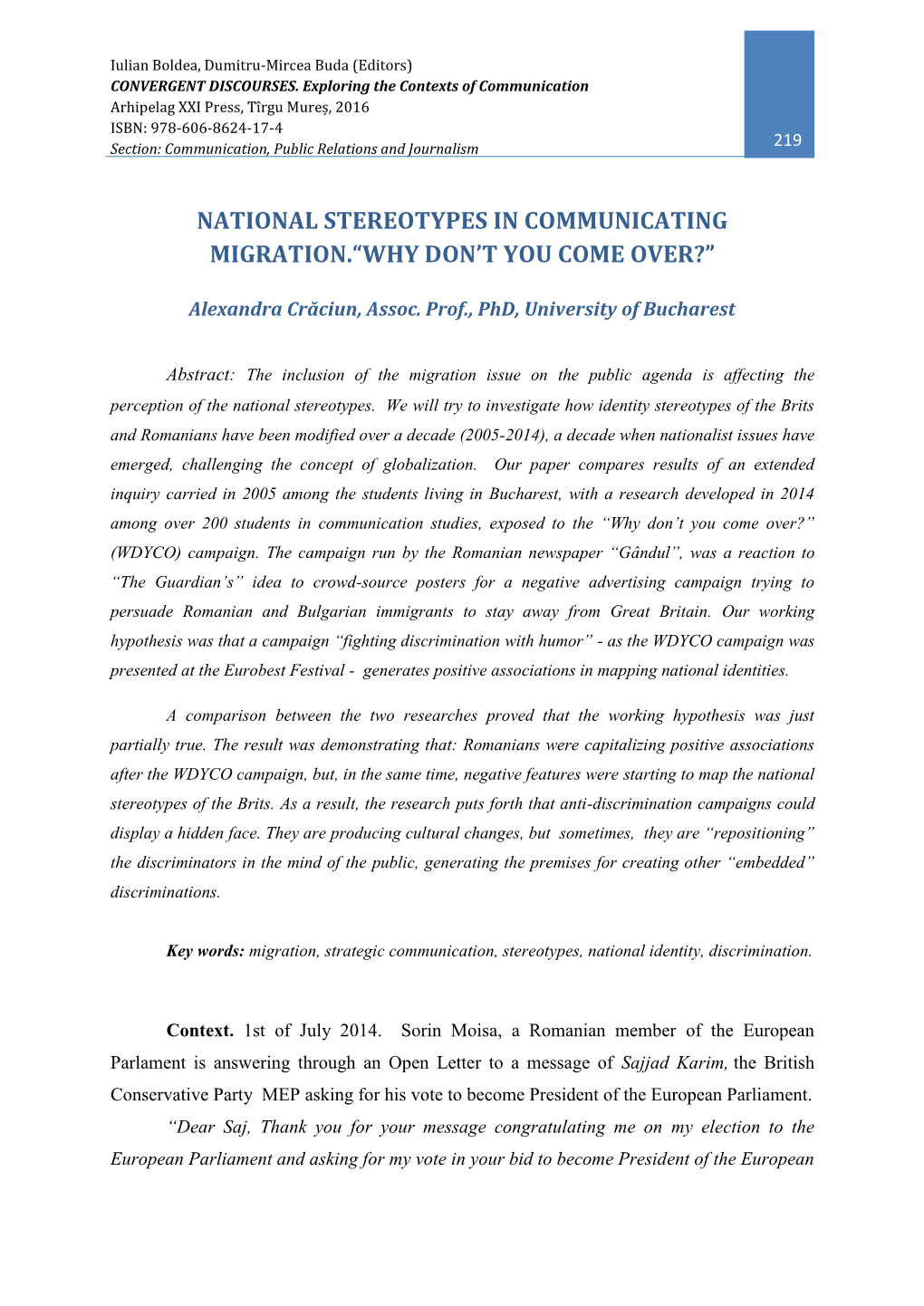 National Stereotypes in Communicating Migration.“Why Don’T You Come Over?”