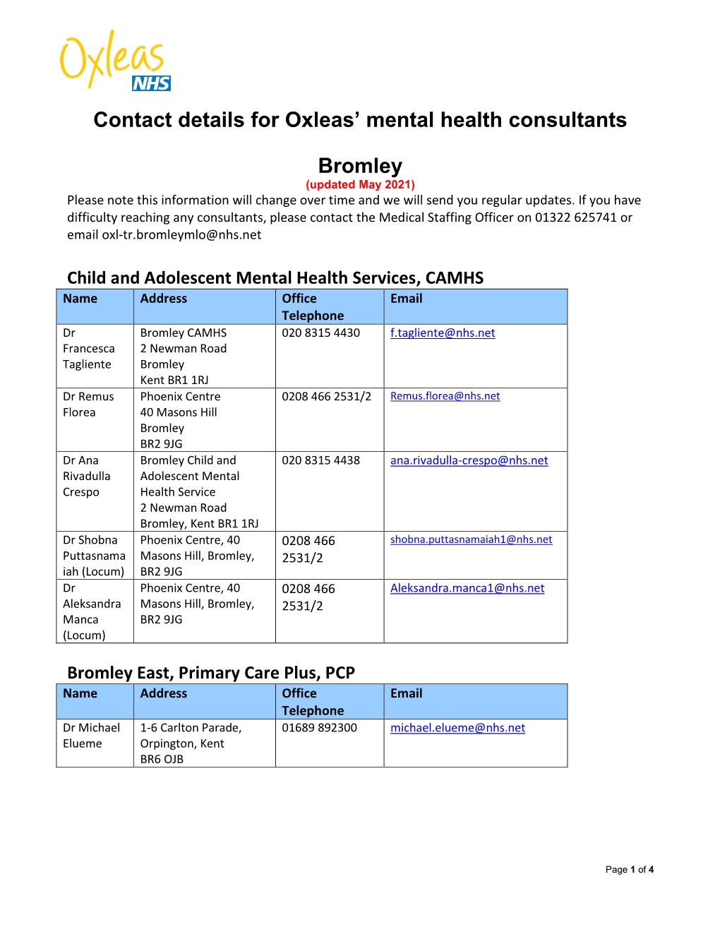 Contact Details for Oxleas' Mental Health Consultants Bromley