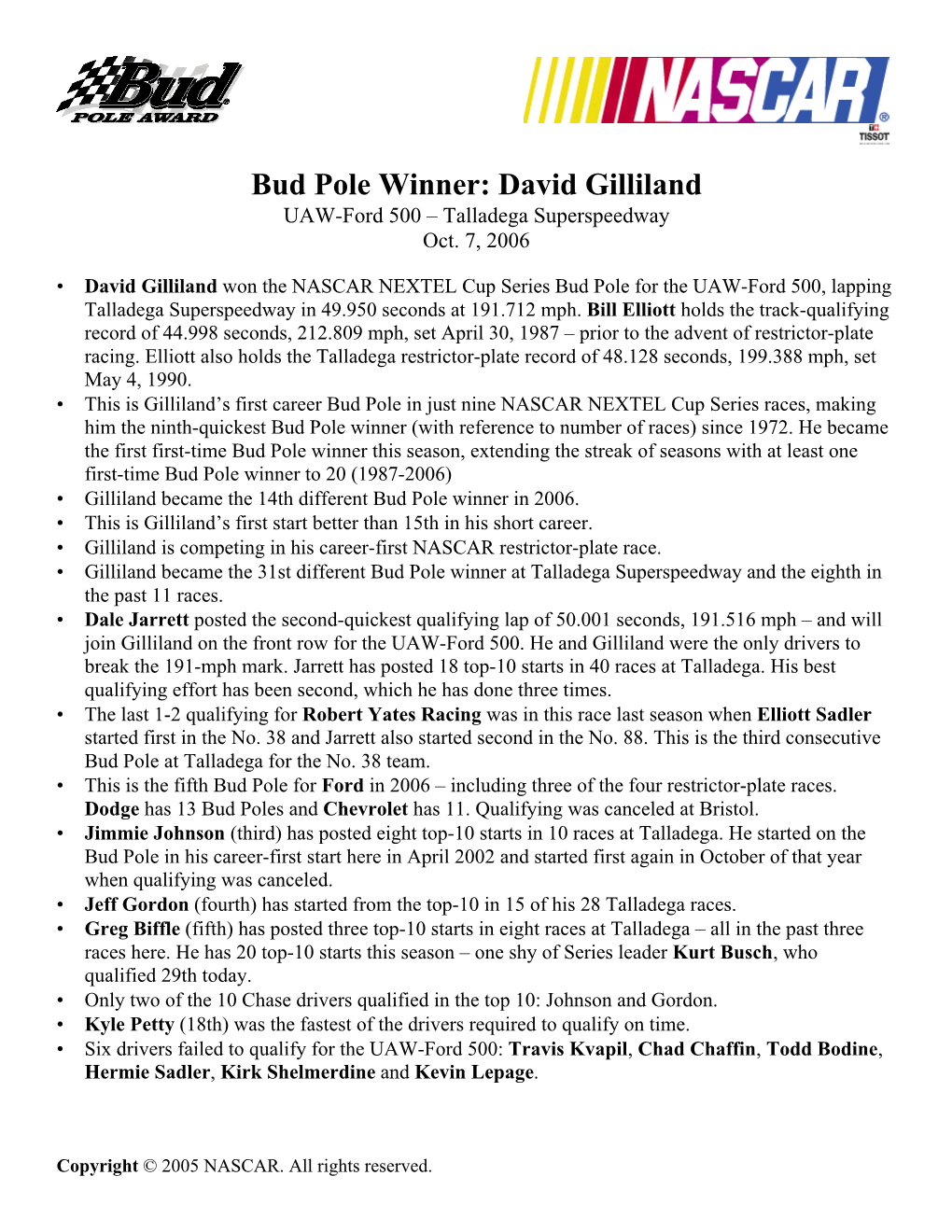 Bud Pole Winner: David Gilliland UAW-Ford 500 – Talladega Superspeedway Oct