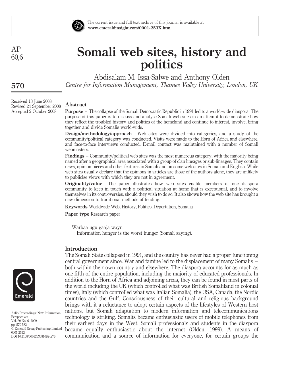 Somali Web Sites, History and Politics Abdisalam M