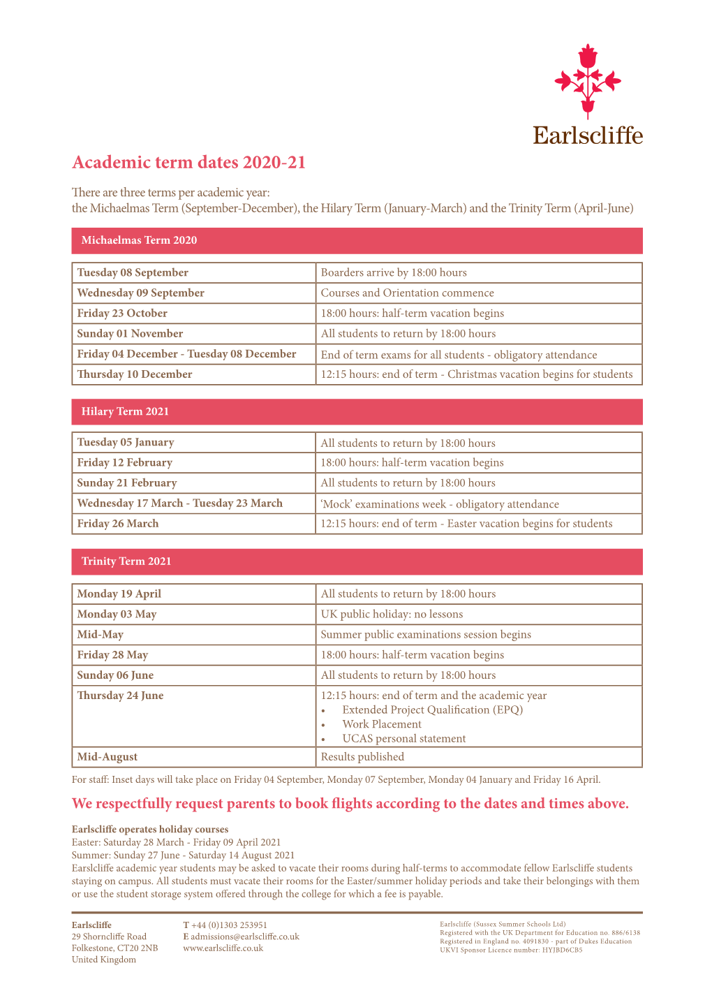 Academic Term Dates 2020-21