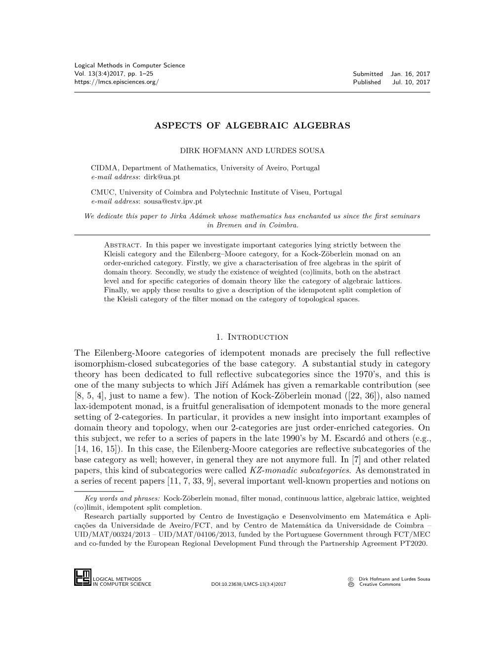 ASPECTS of ALGEBRAIC ALGEBRAS 1. Introduction the Eilenberg-Moore Categories of Idempotent Monads Are Precisely the Full Reflect