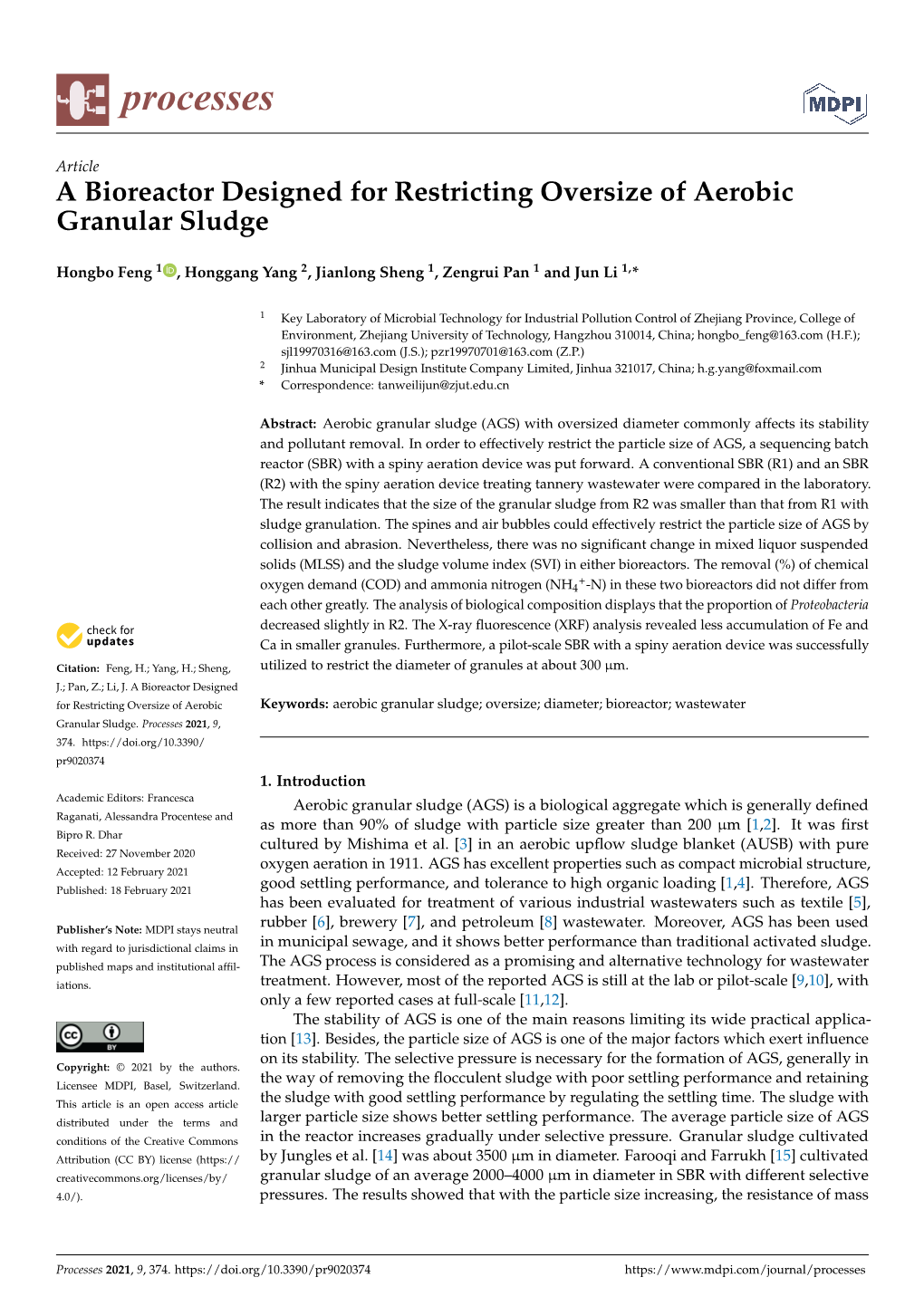 A Bioreactor Designed for Restricting Oversize of Aerobic Granular Sludge