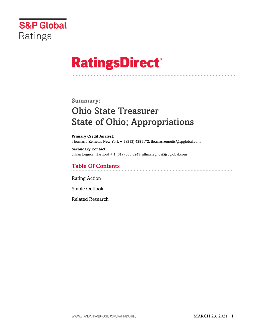 Ohio State Treasurer State of Ohio; Appropriations