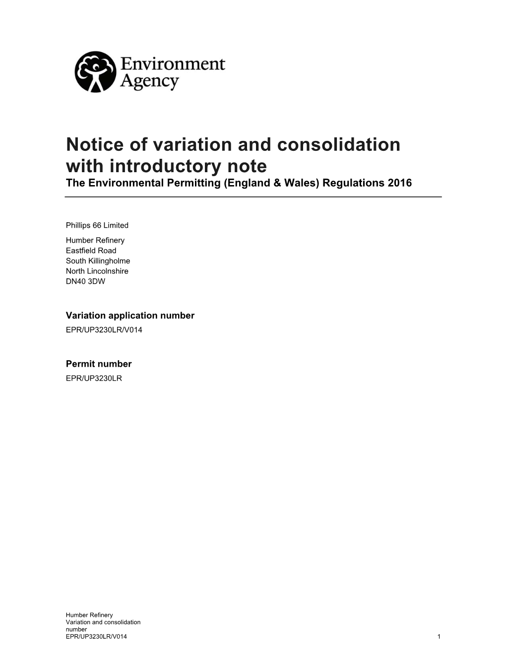Notice of Variation and Consolidation with Introductory Note the Environmental Permitting (England & Wales) Regulations 2016