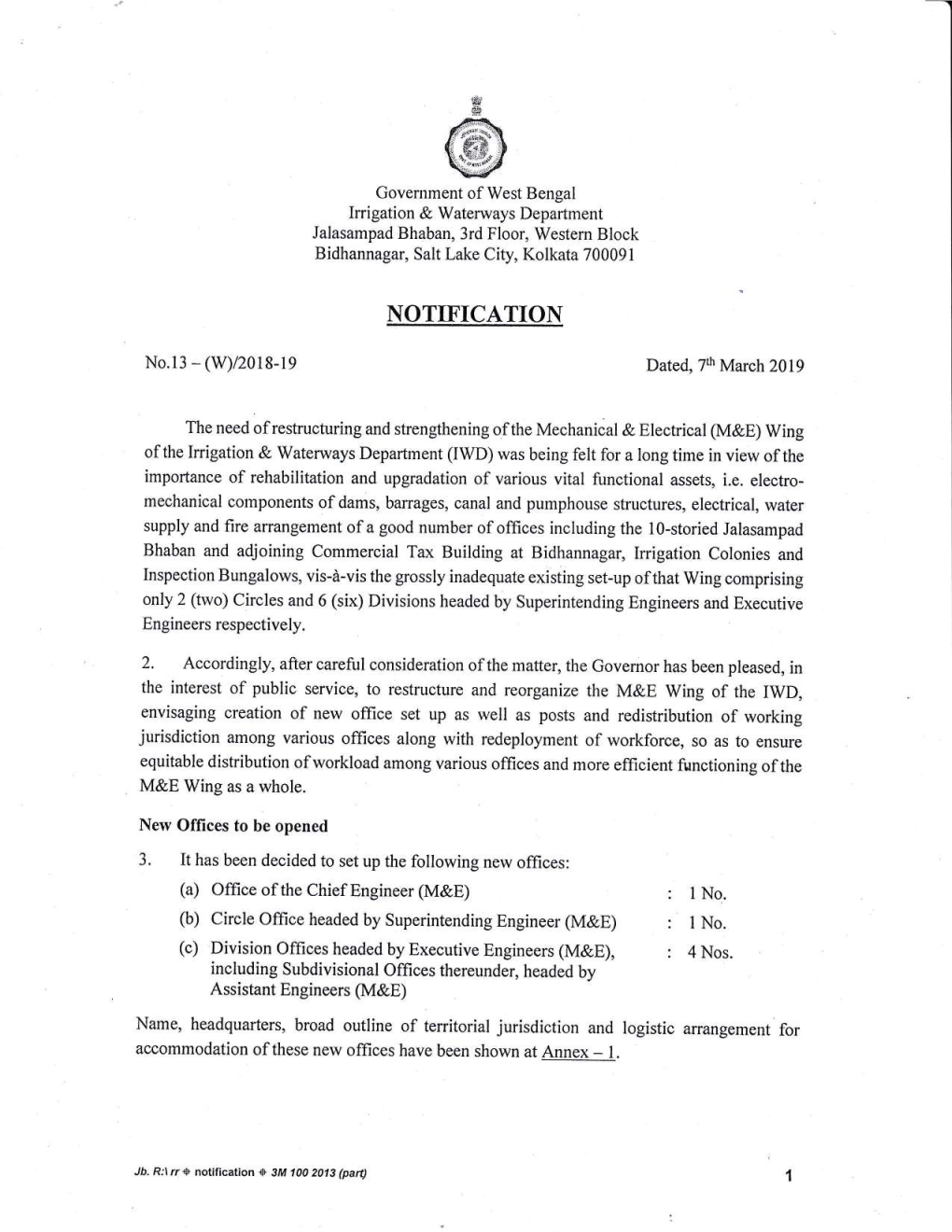 6Ffi=\ GW/ Ff+* L! Government of West Bengal Irrigation & Waterways Department Jalasampad Bhaban, 3Rd Floor, Western Block Bidhannagar, Salt Lake City, Kolkata700a9l