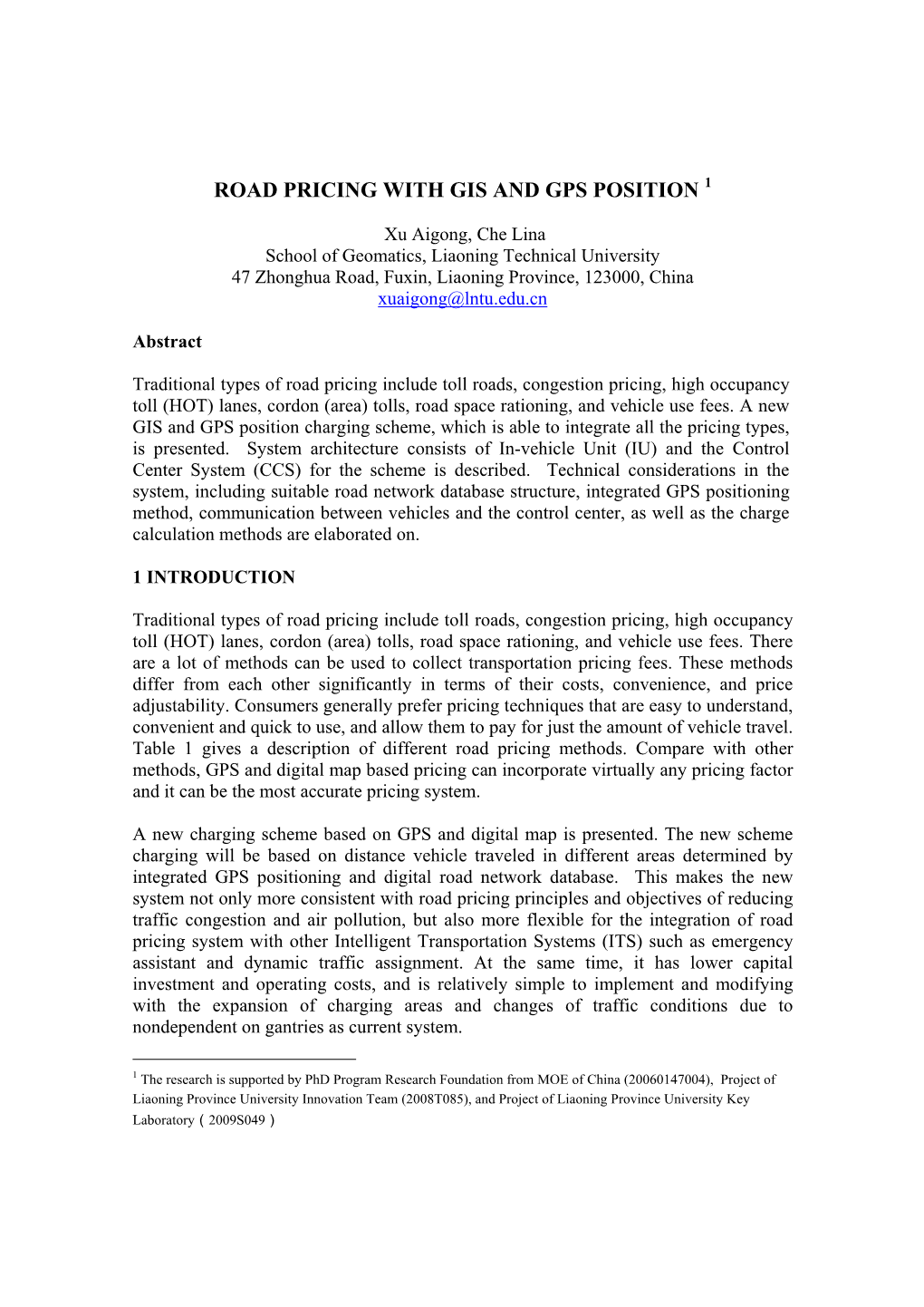 Road Pricing with Gis and Gps Position 1