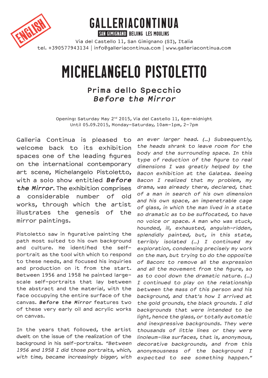 MICHELANGELO PISTOLETTO Prima Dello Specchio Before the Mirror