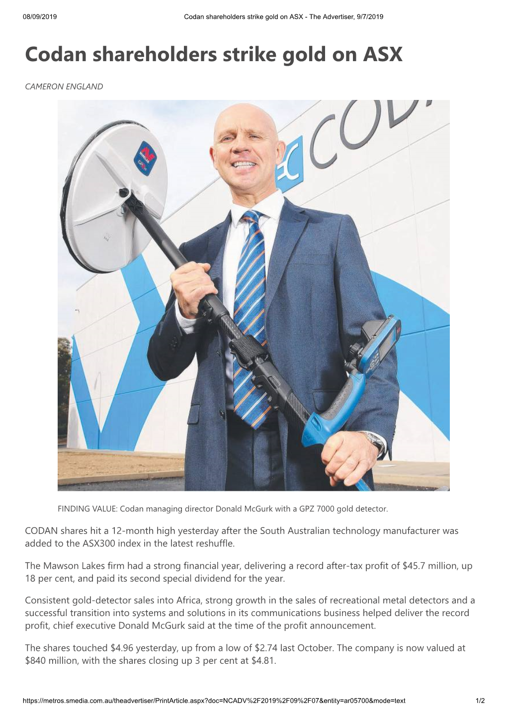 Codan Shareholders Strike Gold on ASX - the Advertiser, 9/7/2019