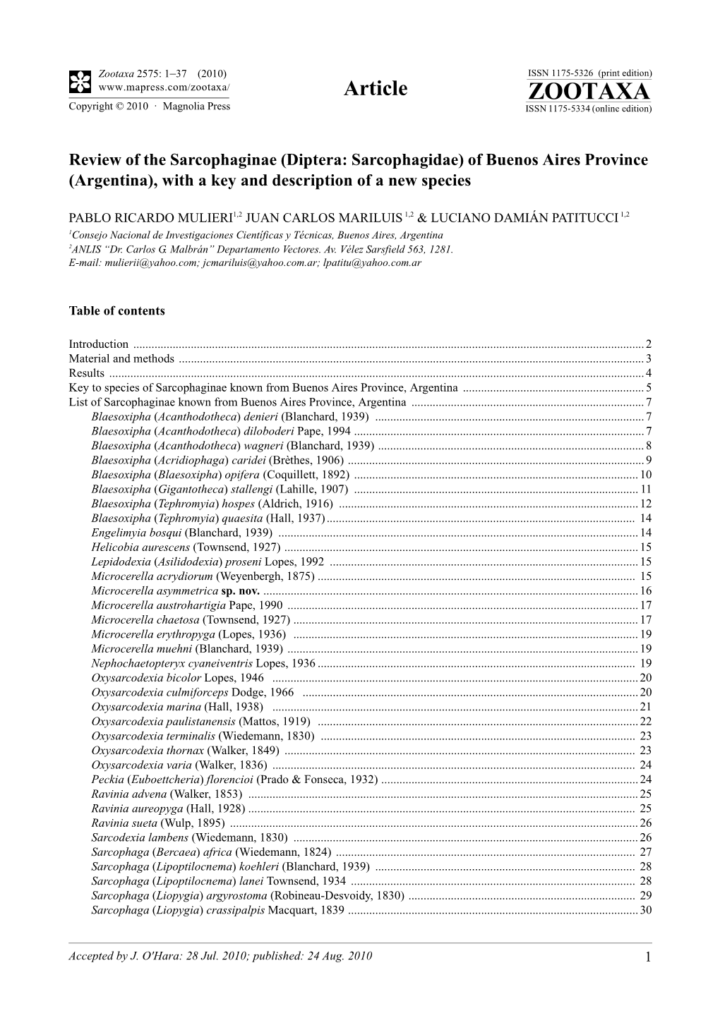 Zootaxa, Review of the Sarcophaginae (Diptera