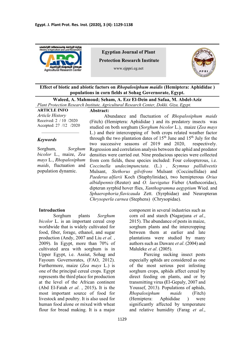 Effect of Biotic and Abiotic Factors on Rhopalosiphum Maidis (Hemiptera: Aphididae ) Populations in Corn Fields at Sohag Governorate, Egypt