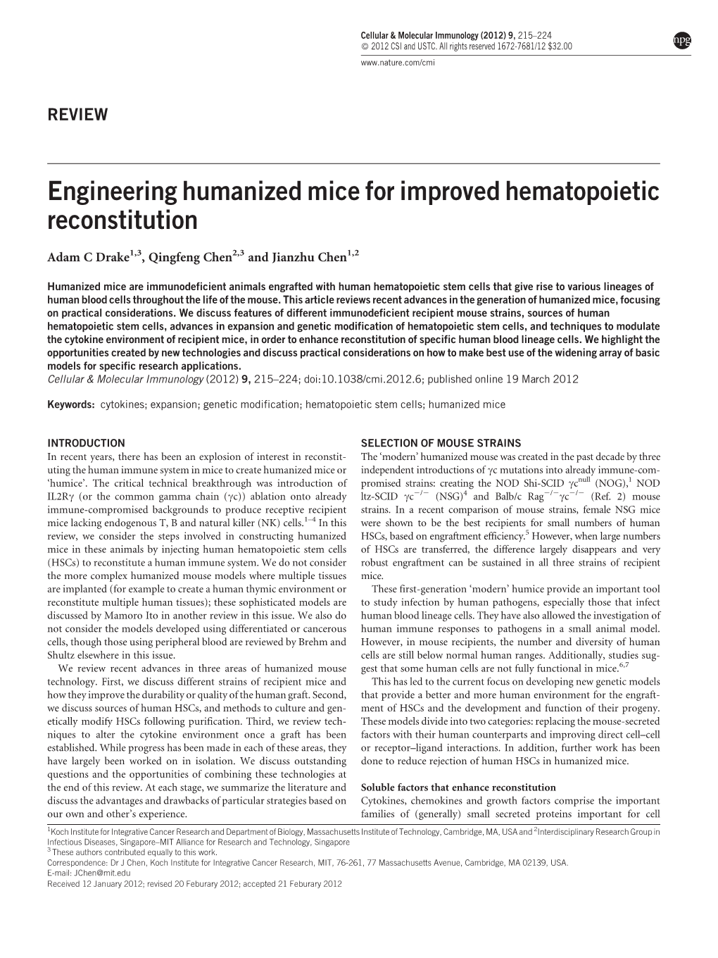 Engineering Humanized Mice for Improved Hematopoietic Reconstitution