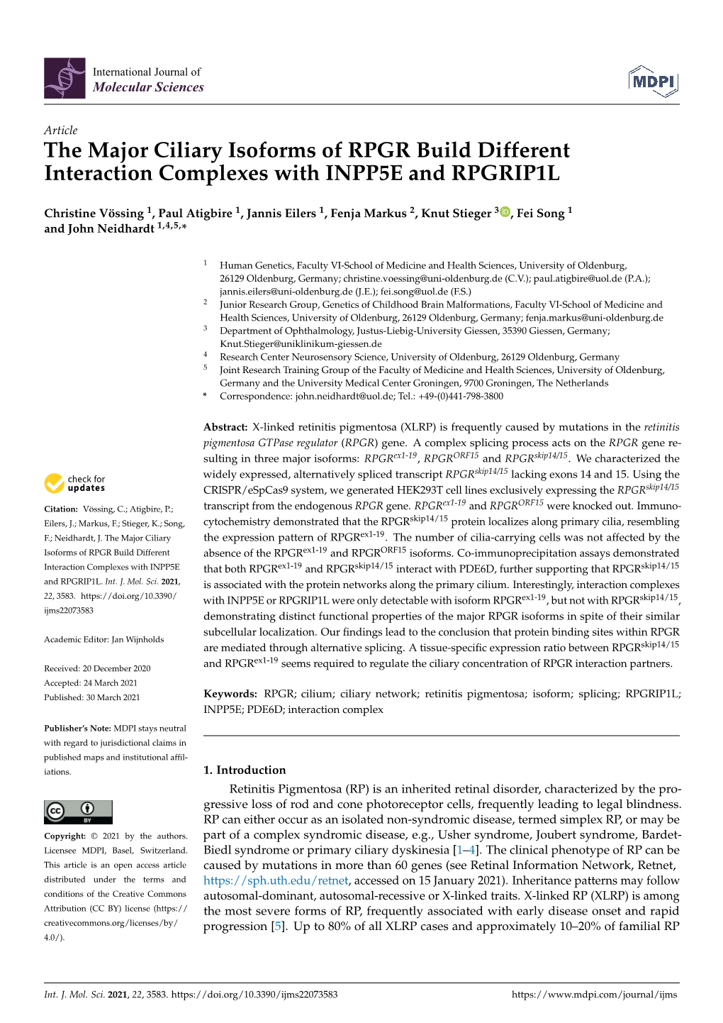 The Major Ciliary Isoforms of RPGR Build Different Interaction Complexes with INPP5E and RPGRIP1L