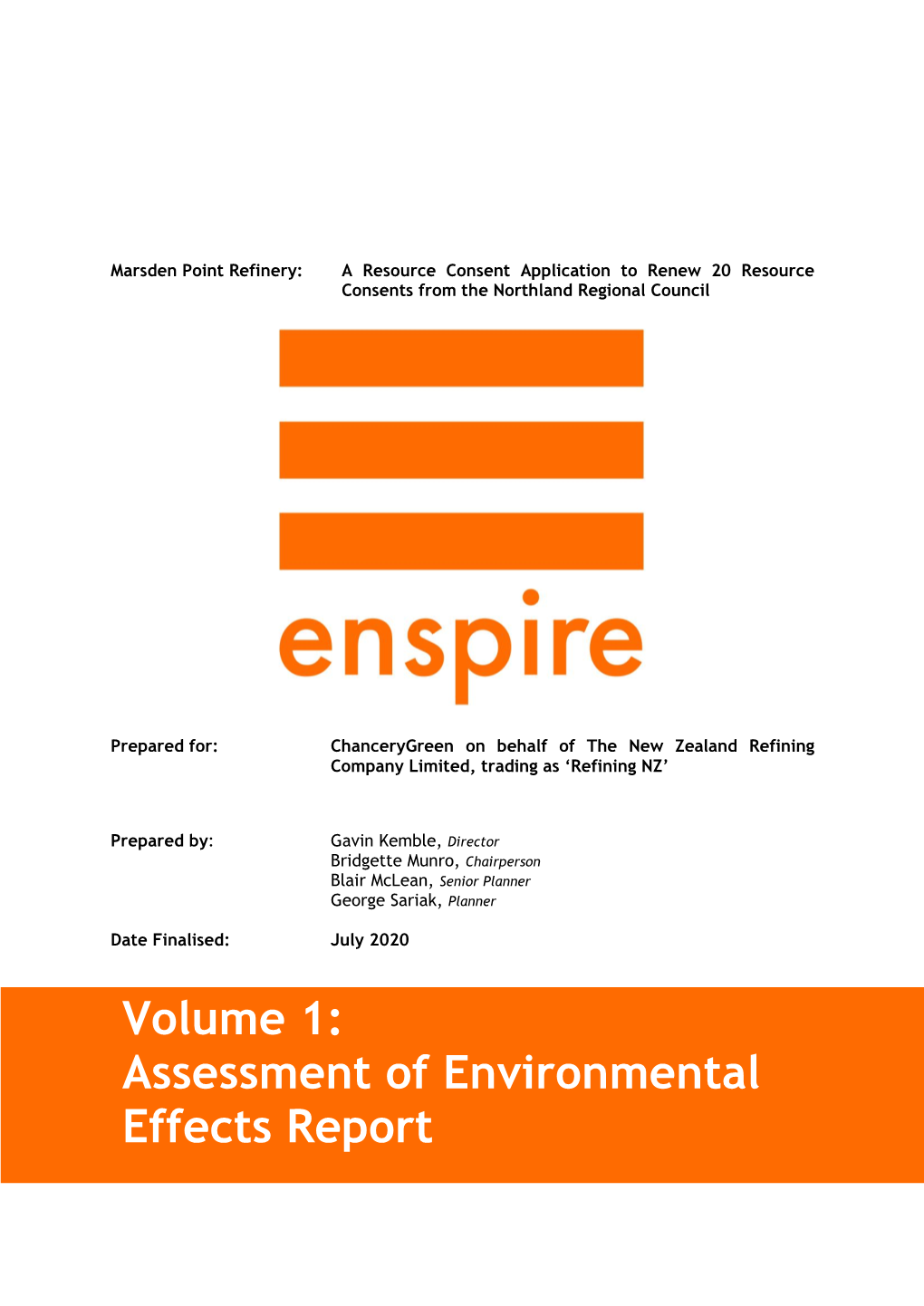 Volume 1: Assessment of Environmental Effects Report