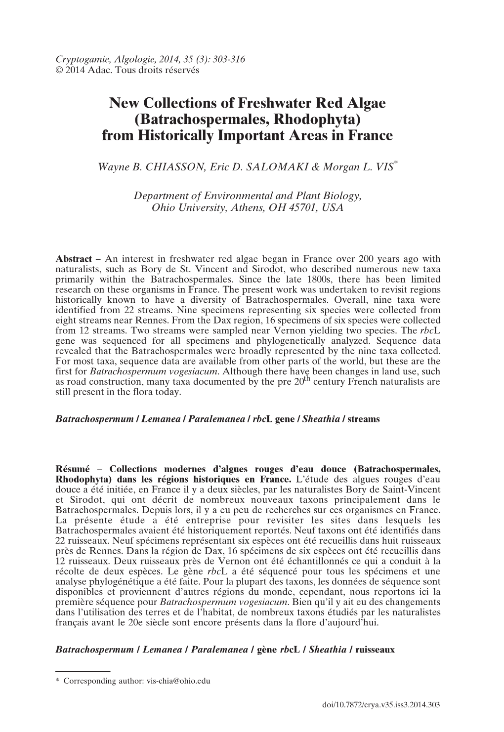 Batrachospermales, Rhodophyta) from Historically Important Areas in France