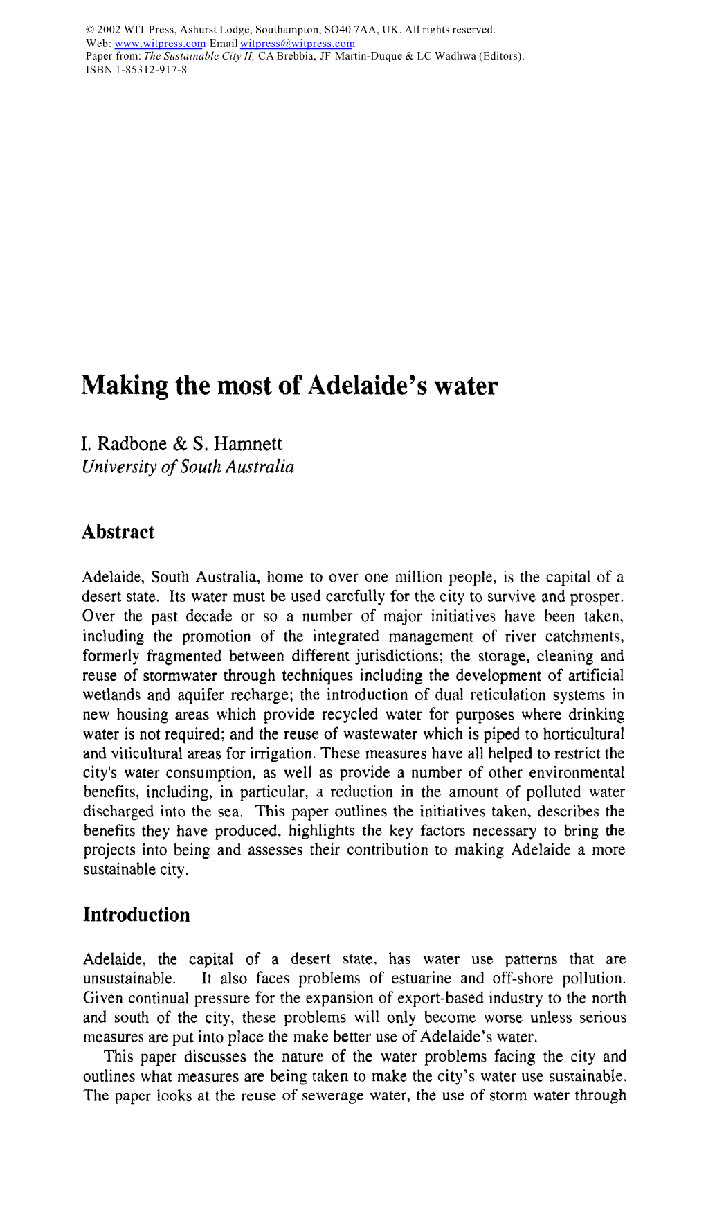 Making the Most of ,4Delaide's Water