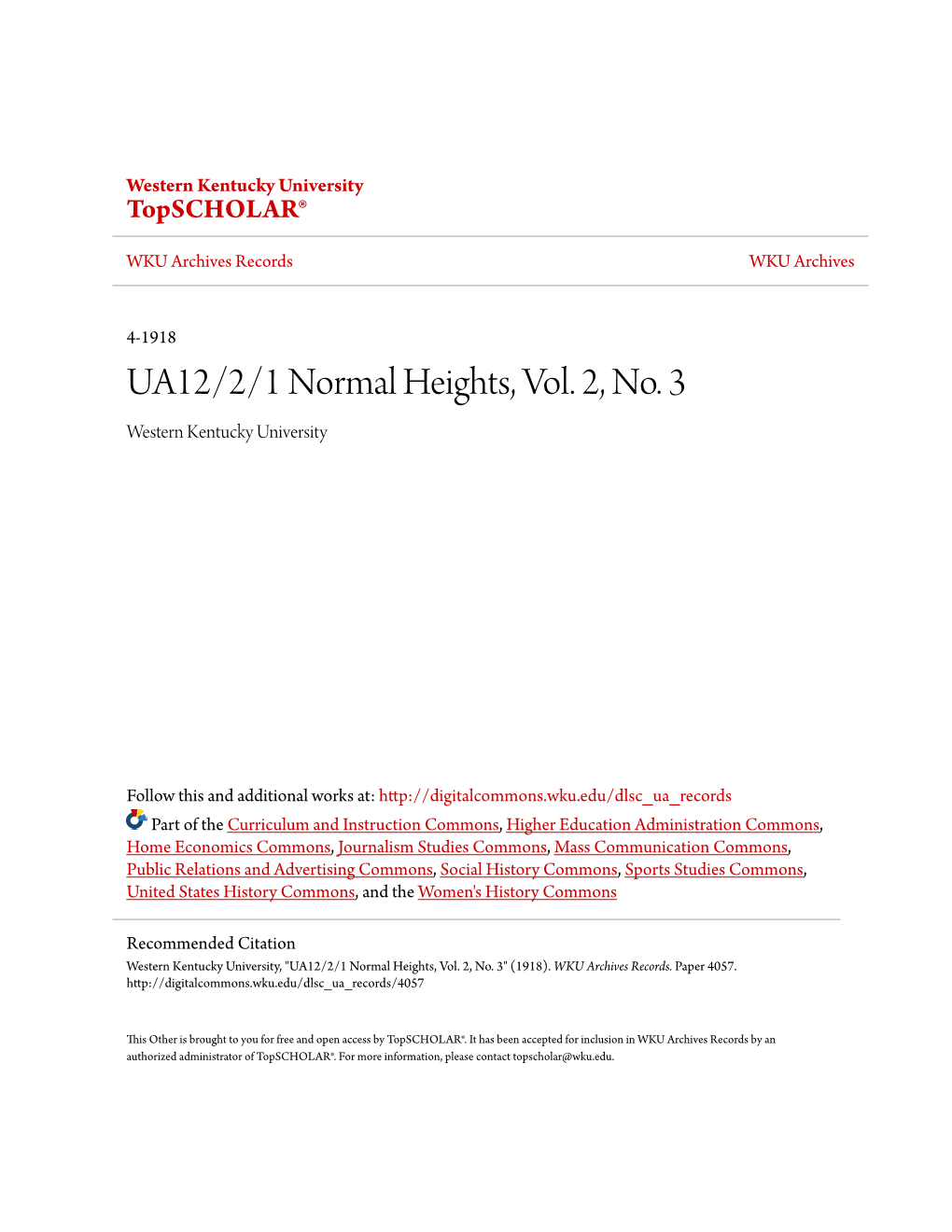 UA12/2/1 Normal Heights, Vol. 2, No. 3 Western Kentucky University