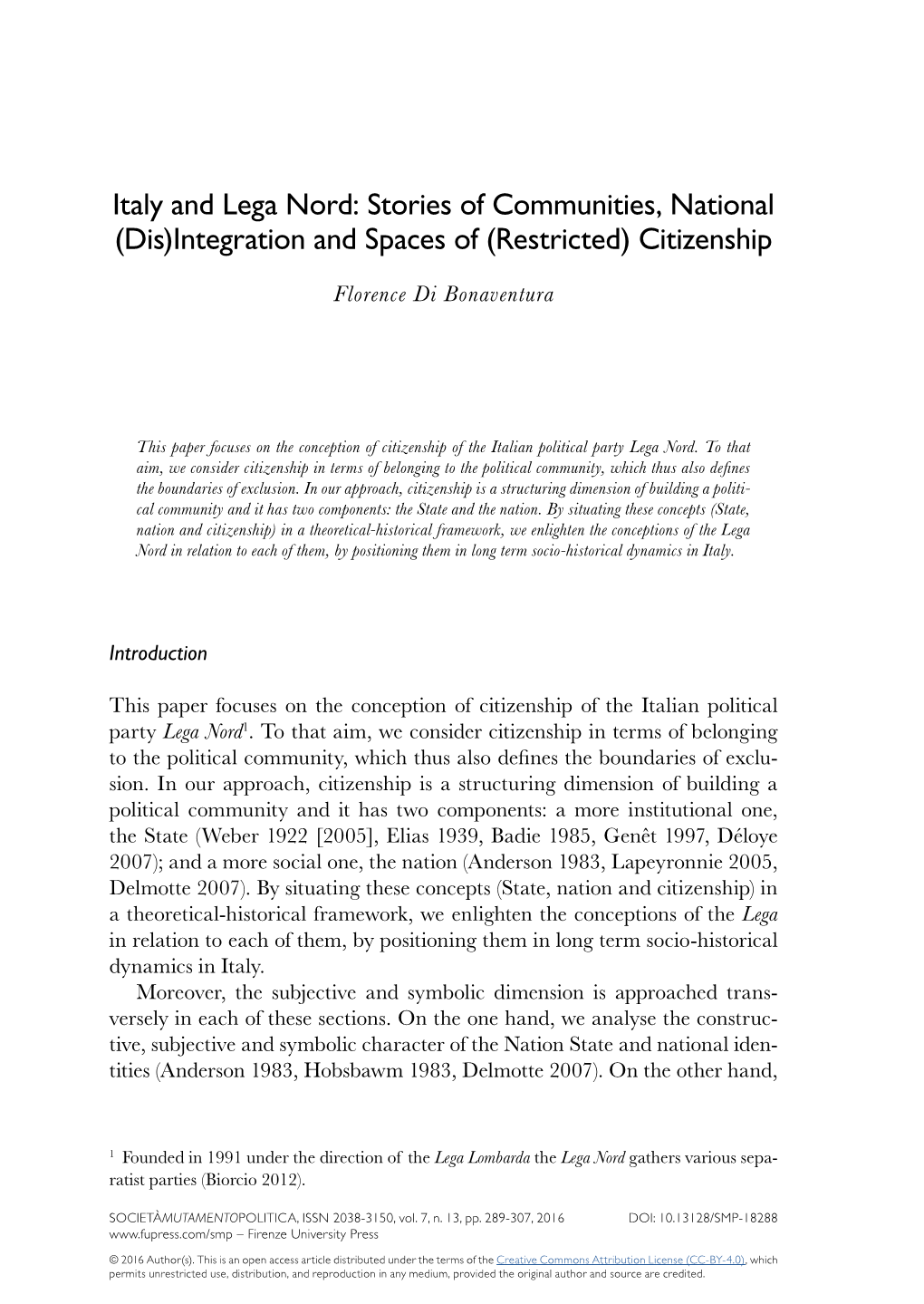 Italy and Lega Nord: Stories of Communities, National (Dis)Integration and Spaces of (Restricted) Citizenship