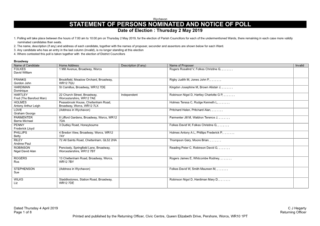 STATEMENT of PERSONS NOMINATED and NOTICE of POLL Date of Election : Thursday 2 May 2019