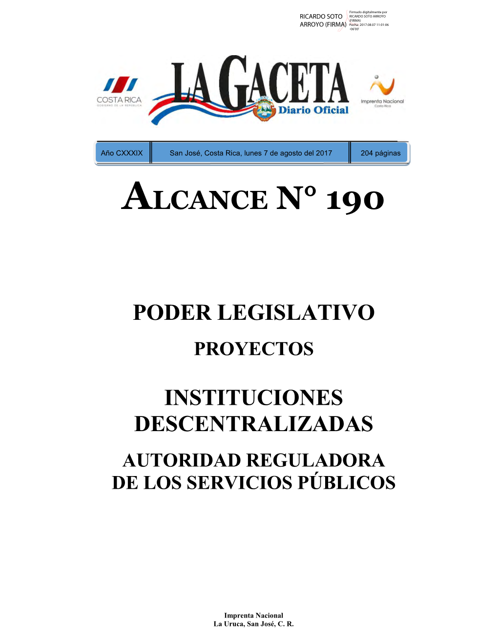 ALCANCE DIGITAL N° 190 a La Gaceta N° 148 De La Fecha 07 08 2017
