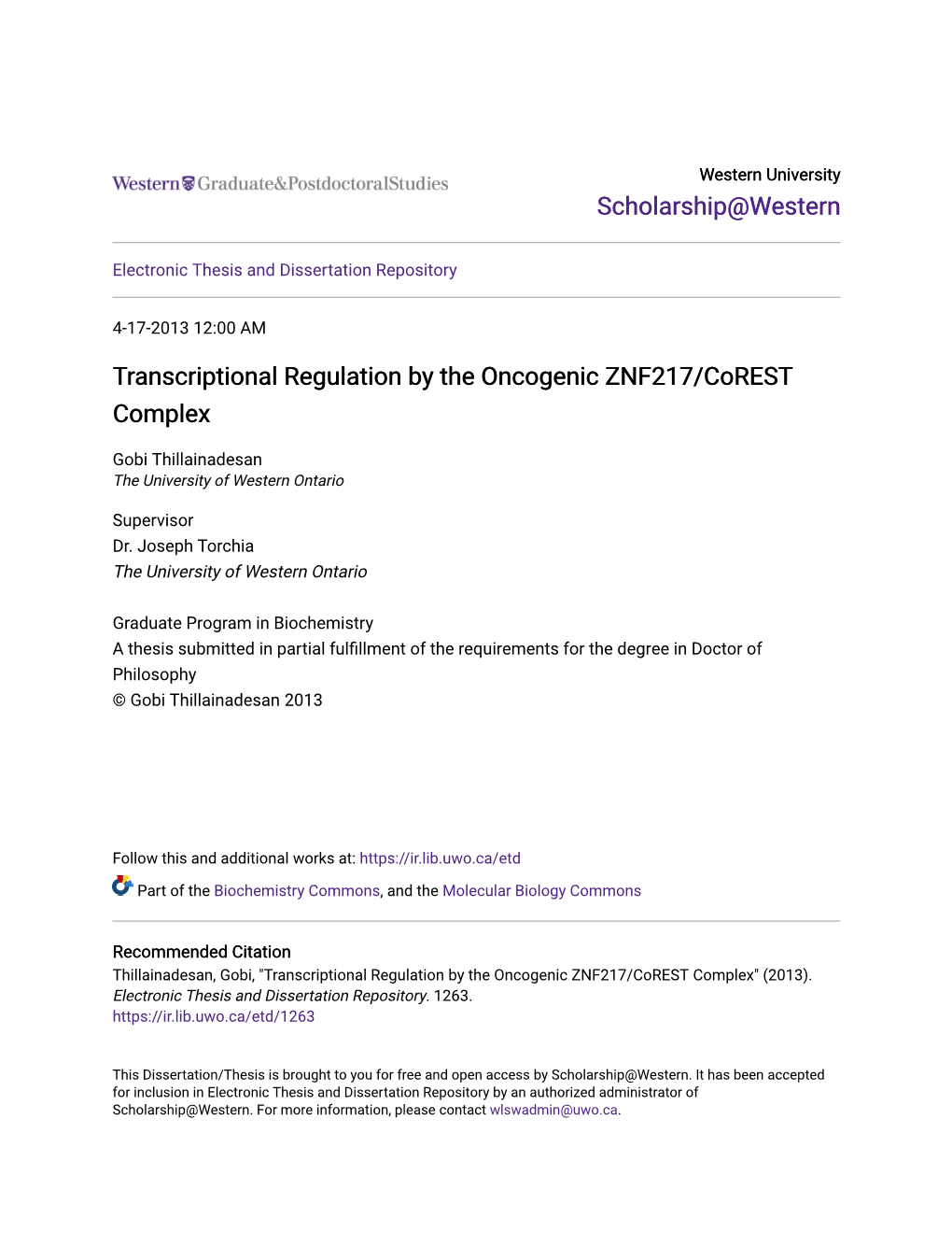 Transcriptional Regulation by the Oncogenic ZNF217/Corest Complex