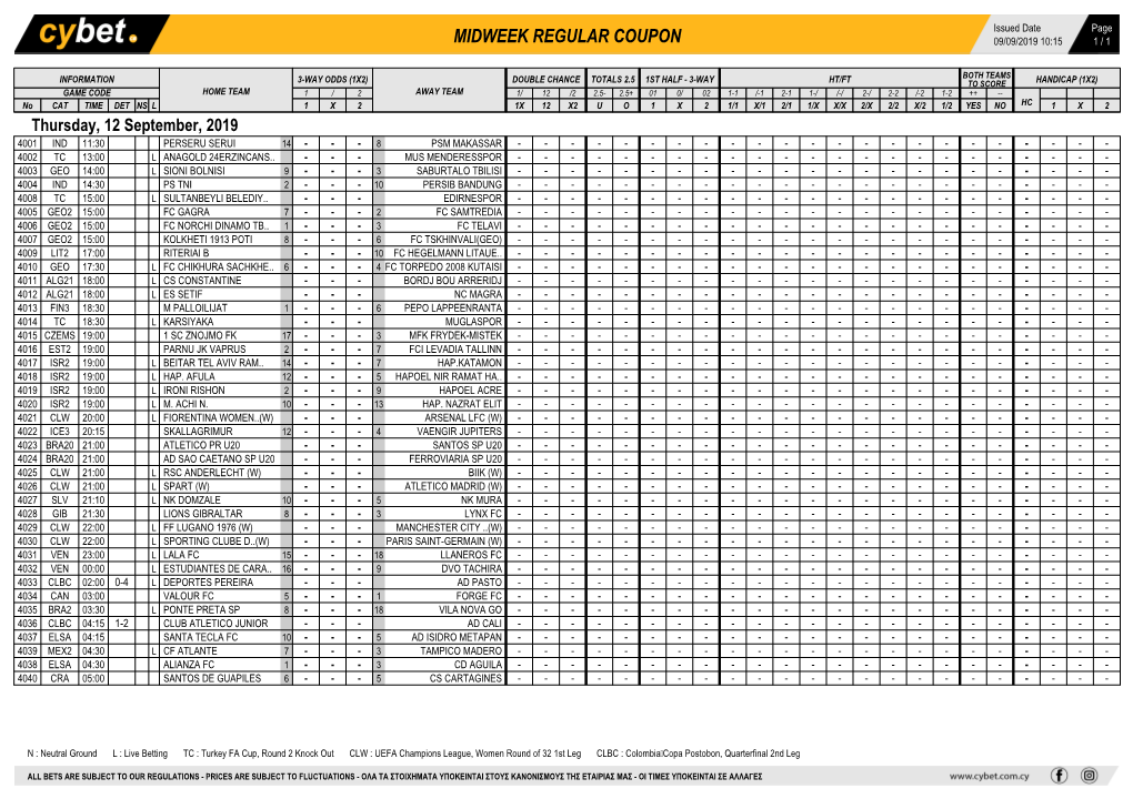 Midweek Regular Coupon 09/09/2019 10:15 1 / 1