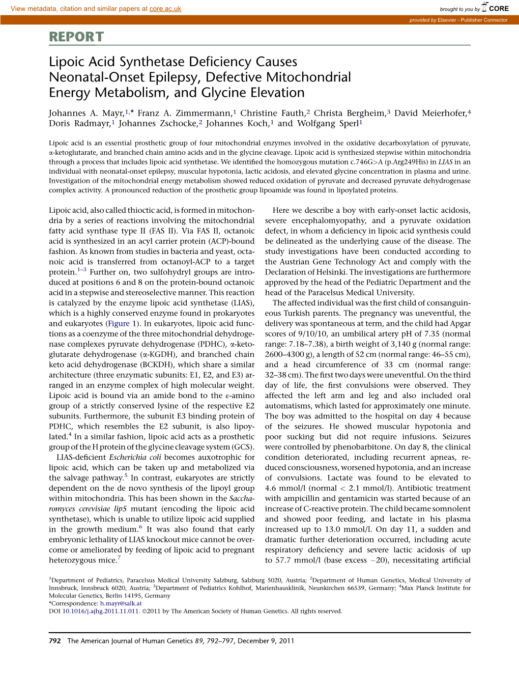 Lipoic Acid Synthetase Deficiency Causes Neonatal-Onset Epilepsy