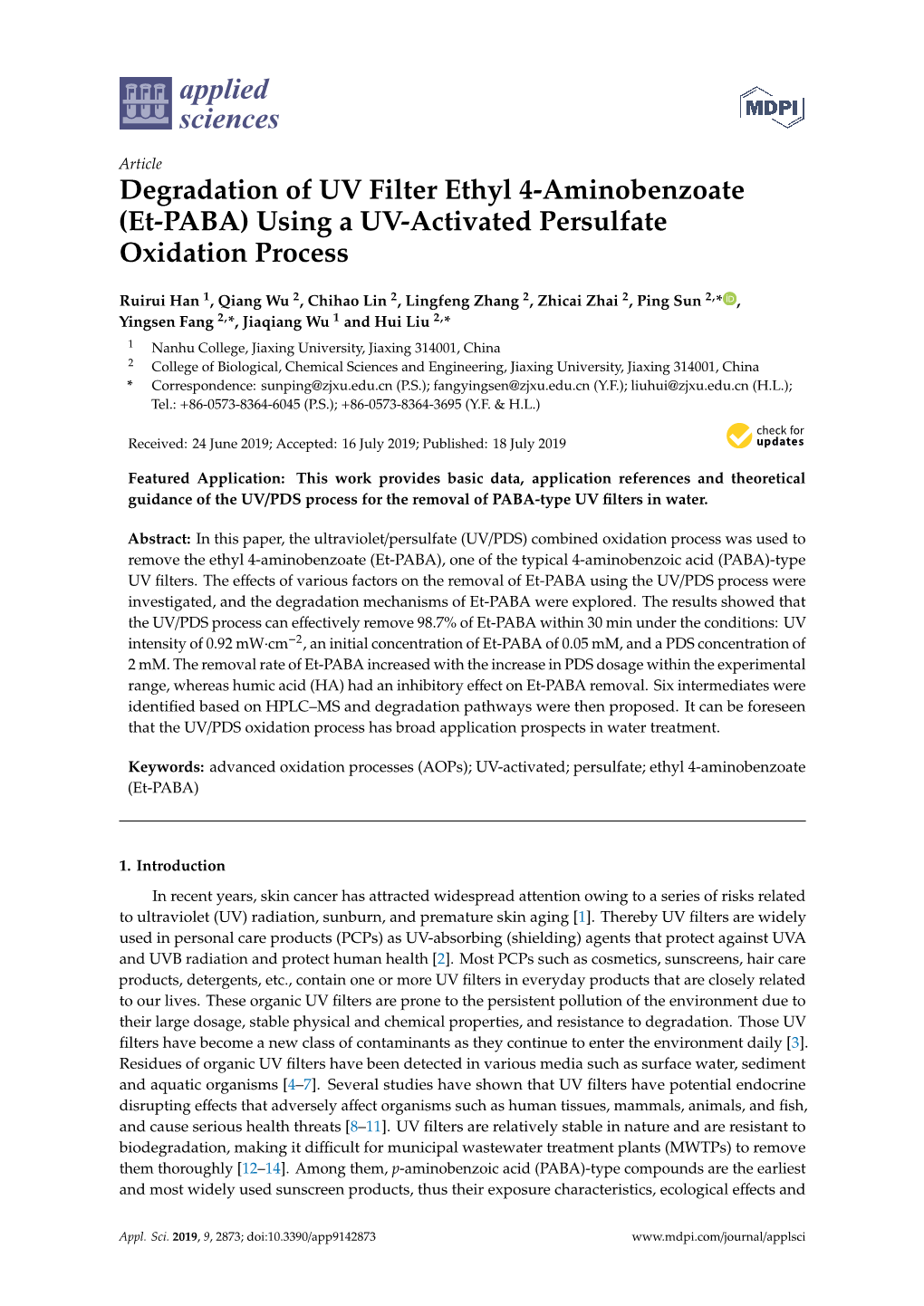 Degradation of UV Filter Ethyl 4-Aminobenzoate (Et-PABA) Using a UV-Activated Persulfate Oxidation Process