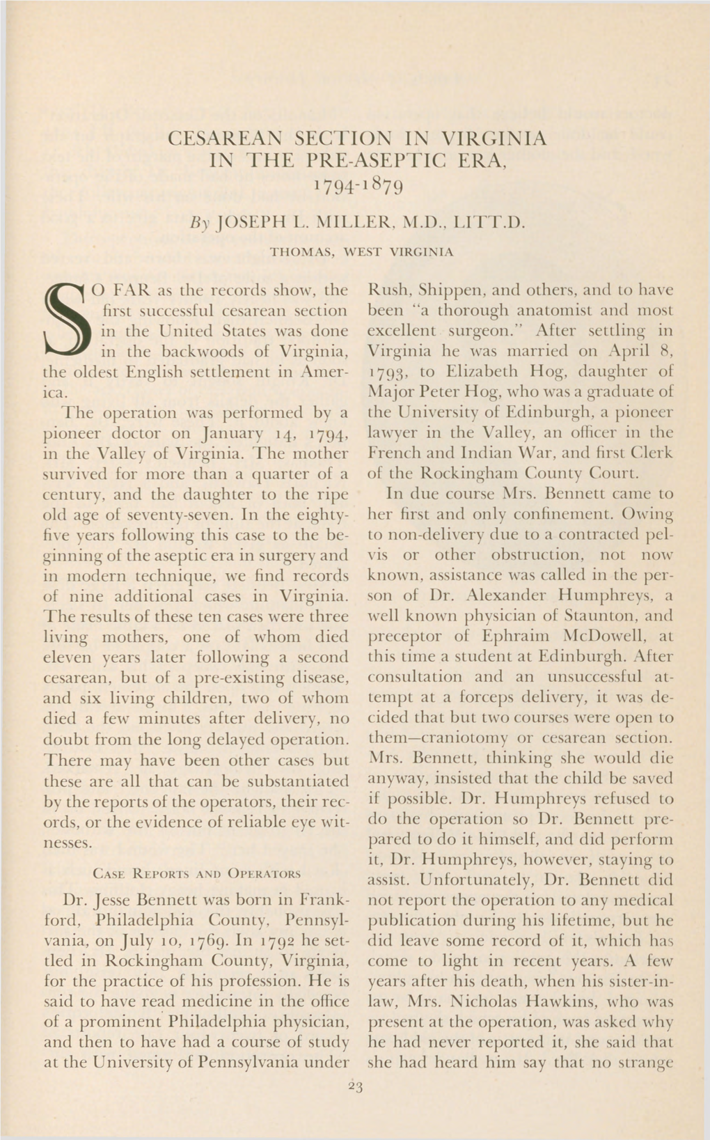 CESAREAN SECTION in VIRGINIA in the PRE-ASEPTIC ERA, 1794-1879 by JOSEPH L