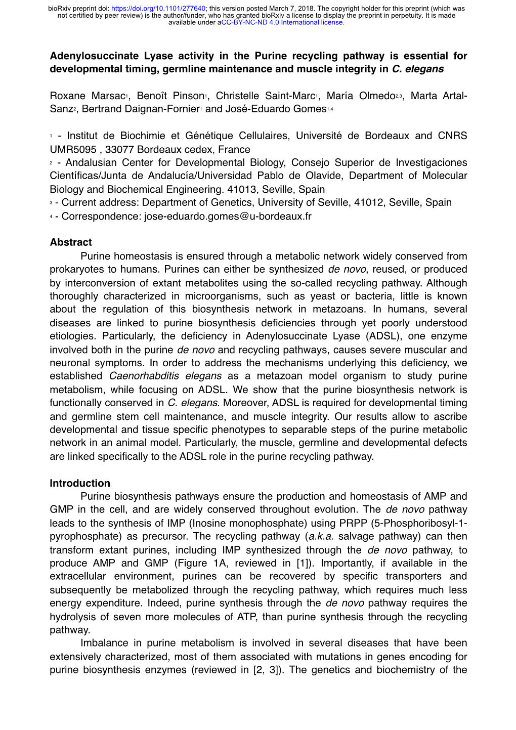 Adenylosuccinate Lyase Activity in the Purine Recycling Pathway Is Essential for Developmental Timing, Germline Maintenance and Muscle Integrity in C