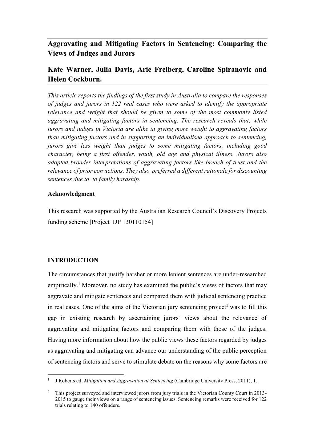 Aggravating and Mitigating Factors in Sentencing: Comparing the Views of Judges and Jurors