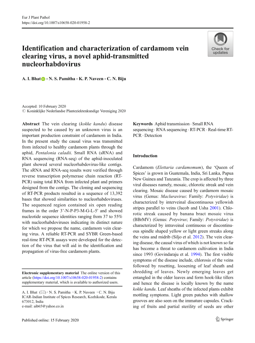 Identification and Characterization of Cardamom Vein Clearing Virus, a Novel Aphid-Transmitted Nucleorhabdovirus