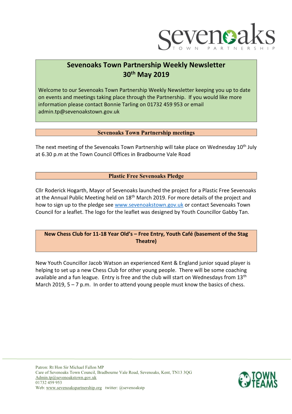 Sevenoaks Town Partnership Weekly Newsletter 30Th May 2019