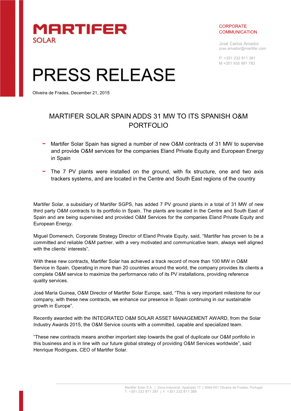 Martifer Solar Spain Adds 31 Mw to Its Spanish O&M